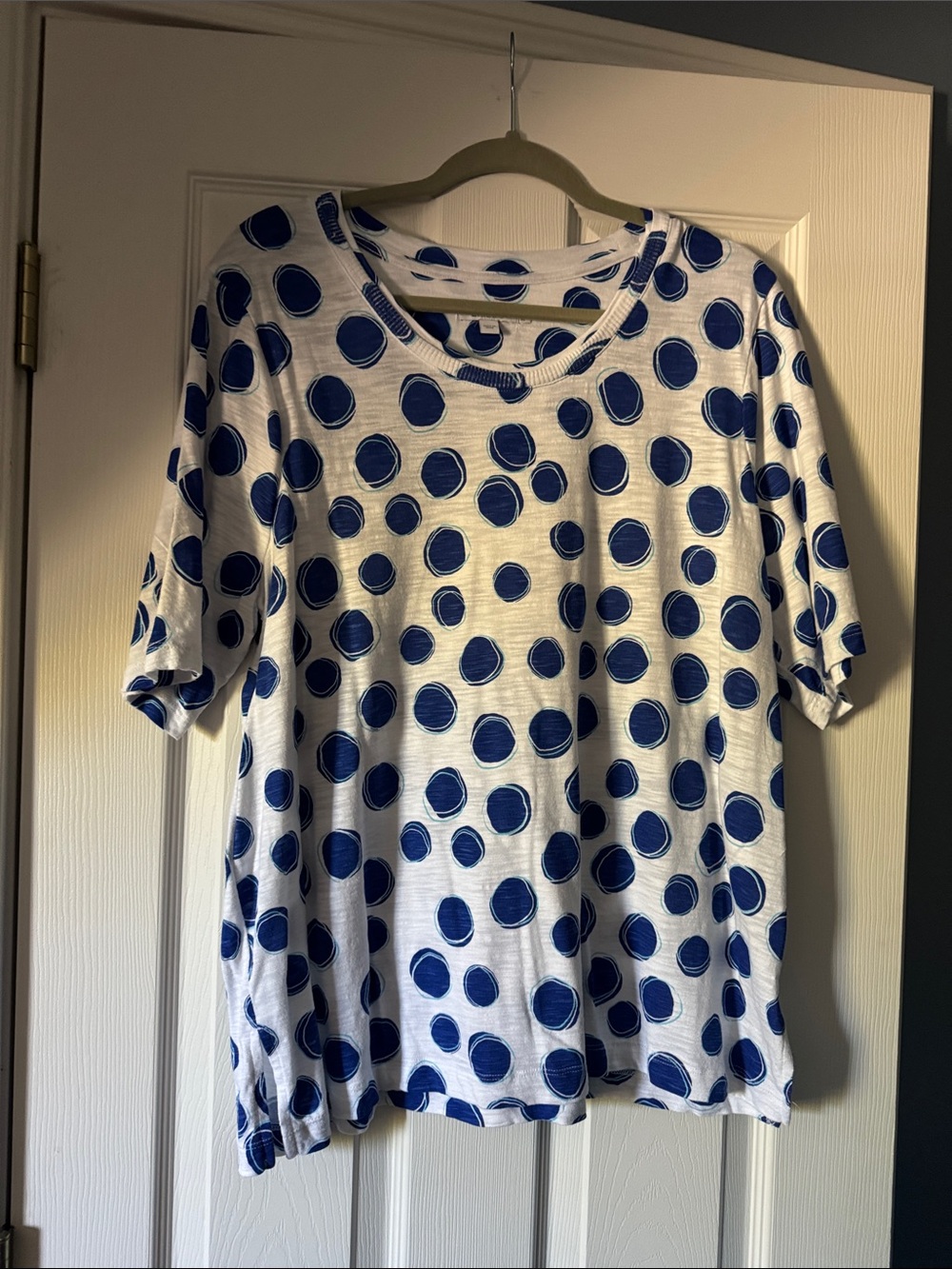 Chico's White Short Sleeve Top with Navy Dot Print